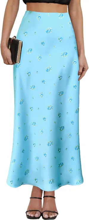 2025 Satin High Waisted Maxi Skirt Silk A-Line Spring Summer Casual Long Skirts for Women