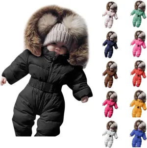 AKIWOS Newborn Infant Toddler Snowsuit 0-24 M Winter Onesie Puffer Down Jacket Padded Romper Fur Hooded Jumpsuit Warm Coat