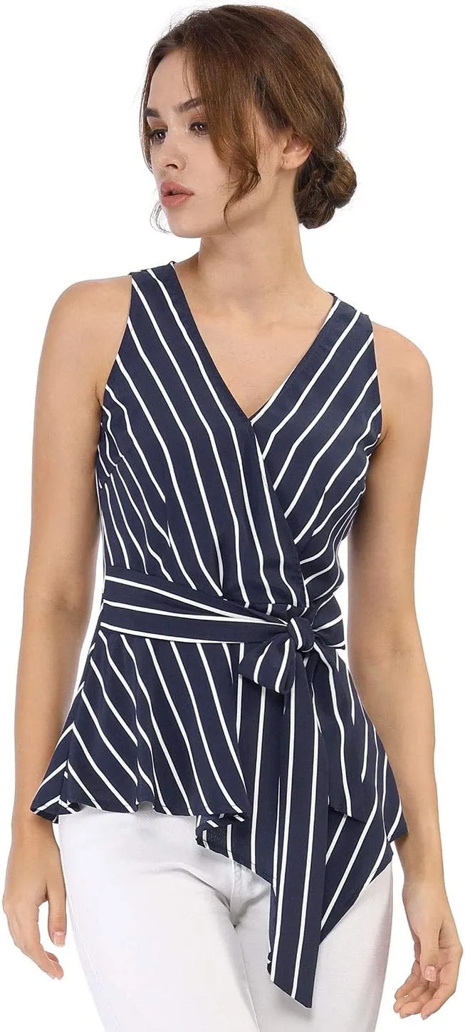 Allegra K Women's Sleeveless V Neck Tie Waist Asymmetric Hem Wrap Peplum Top