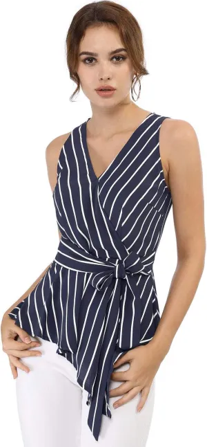 Allegra K Women's Sleeveless V Neck Tie Waist Asymmetric Hem Wrap Peplum Top
