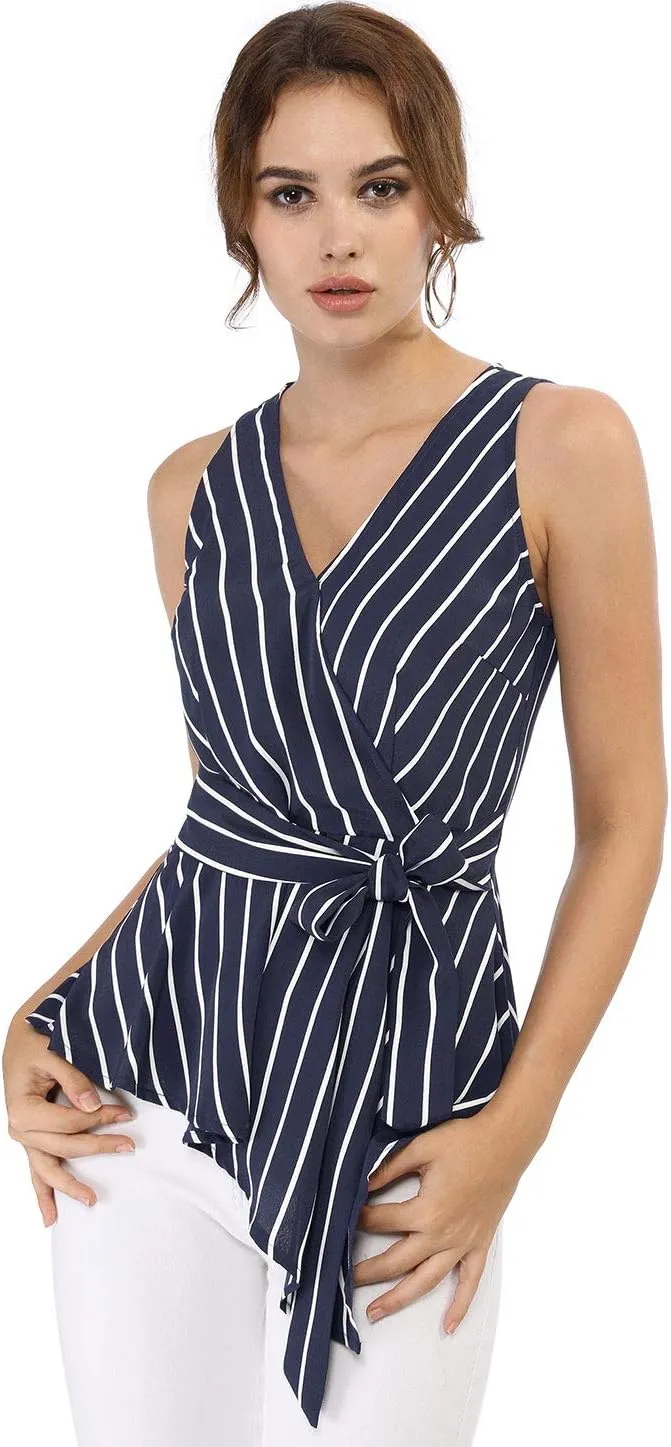 Allegra K Women's Sleeveless V Neck Tie Waist Asymmetric Hem Wrap Peplum Top