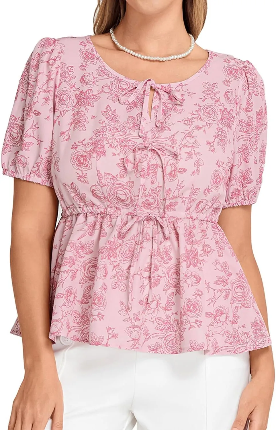 Belle Poque Tie Front Floral Peplum Tops for Women Short Sleeve Blouses Dressy Casul Summer Spring Round Neck Shirt 2025