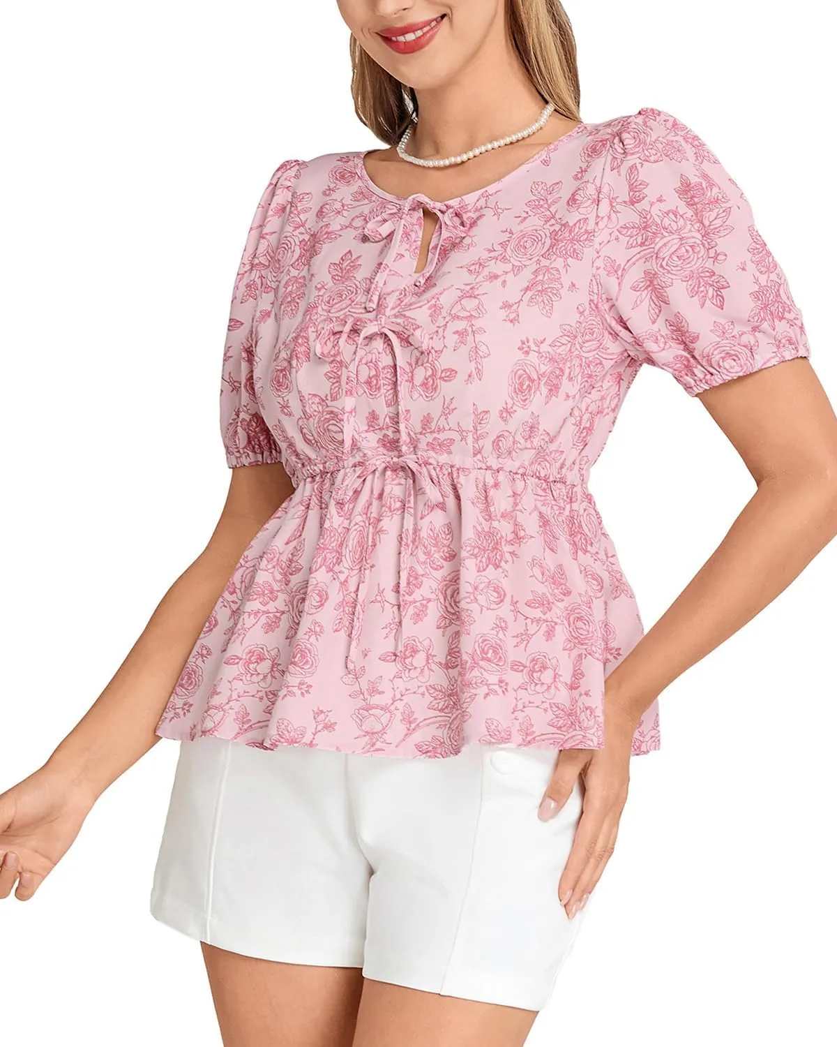 Belle Poque Tie Front Floral Peplum Tops for Women Short Sleeve Blouses Dressy Casul Summer Spring Round Neck Shirt 2025