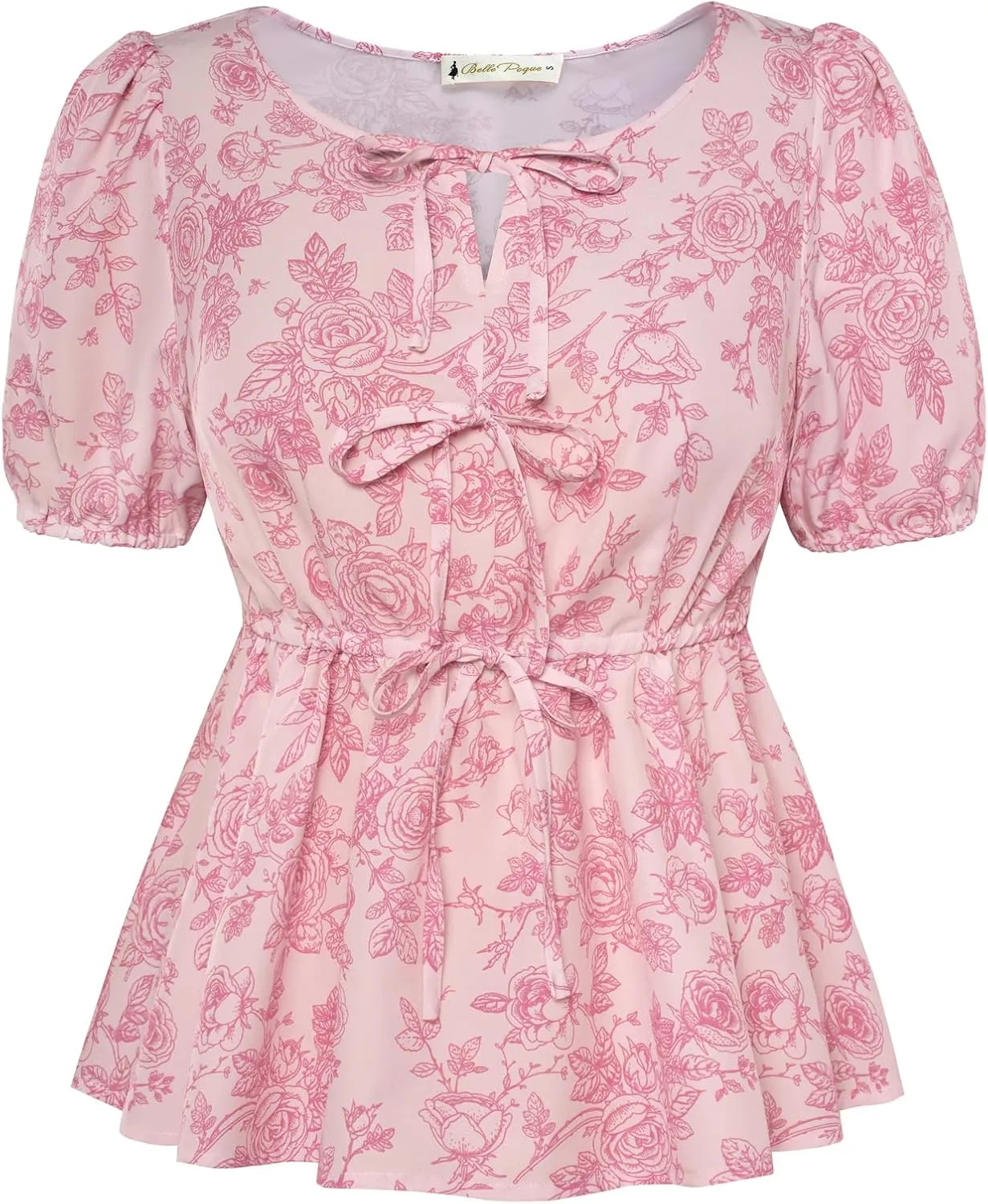 Belle Poque Tie Front Floral Peplum Tops for Women Short Sleeve Blouses Dressy Casul Summer Spring Round Neck Shirt 2025