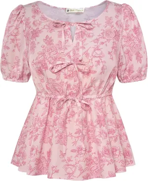 Belle Poque Tie Front Floral Peplum Tops for Women Short Sleeve Blouses Dressy Casul Summer Spring Round Neck Shirt 2025