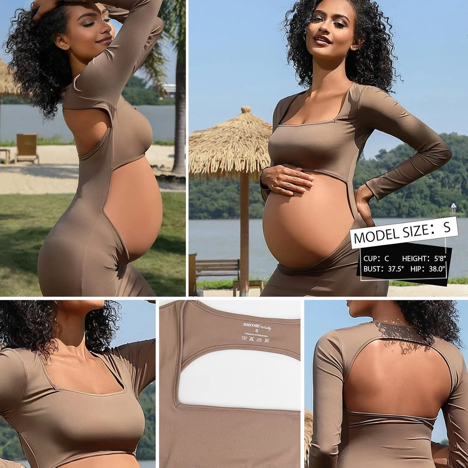 Bhome Maternity Photoshoot Dress Long Sleeve Sexy Cut-Out Backless Maternity Maxi Gown Photography Outfits