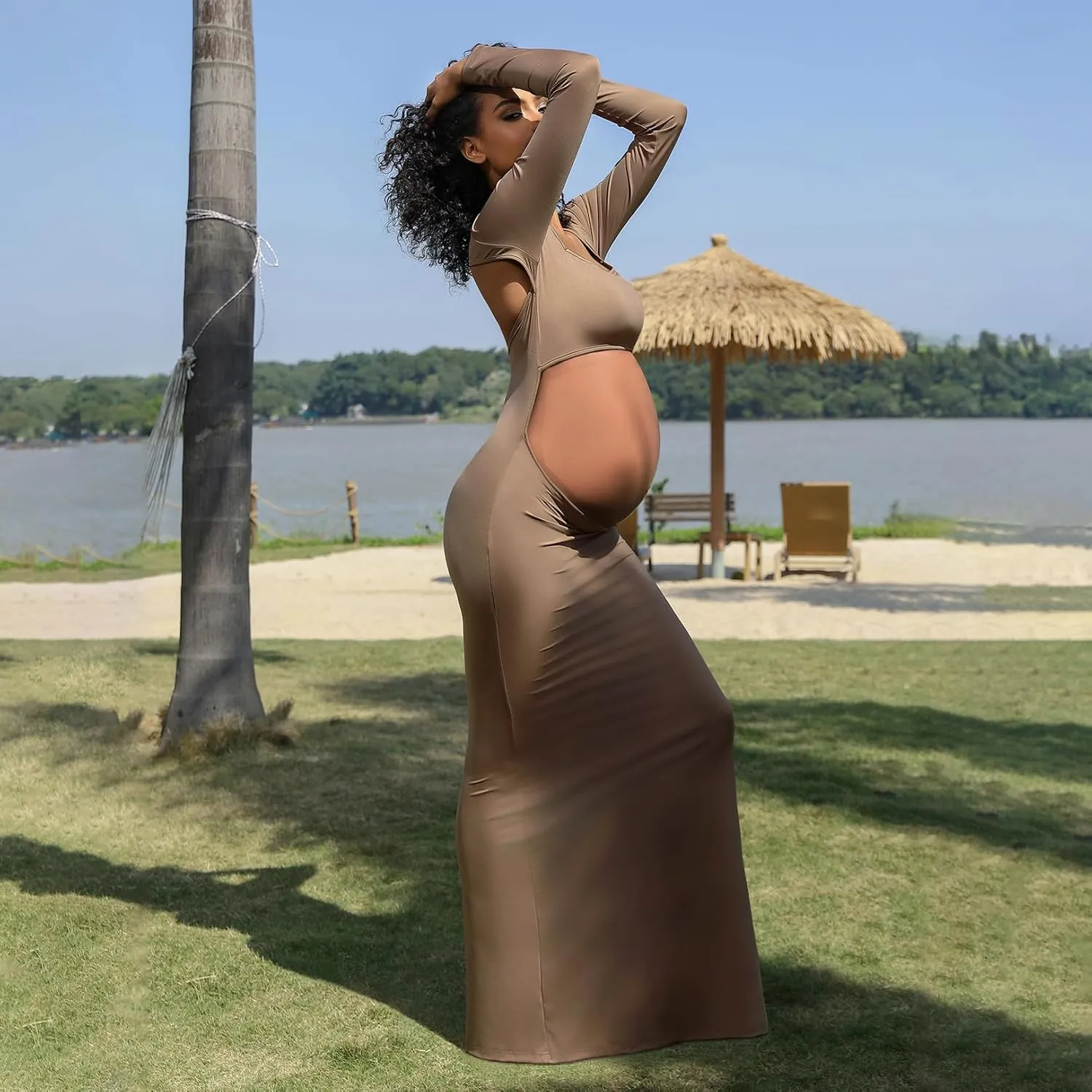 Bhome Maternity Photoshoot Dress Long Sleeve Sexy Cut-Out Backless Maternity Maxi Gown Photography Outfits