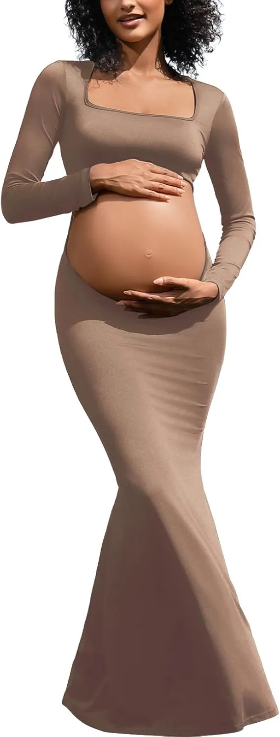 Bhome Maternity Photoshoot Dress Long Sleeve Sexy Cut-Out Backless Maternity Maxi Gown Photography Outfits