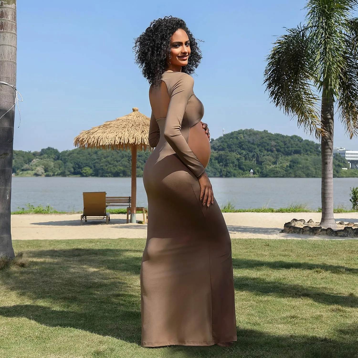 Bhome Maternity Photoshoot Dress Long Sleeve Sexy Cut-Out Backless Maternity Maxi Gown Photography Outfits