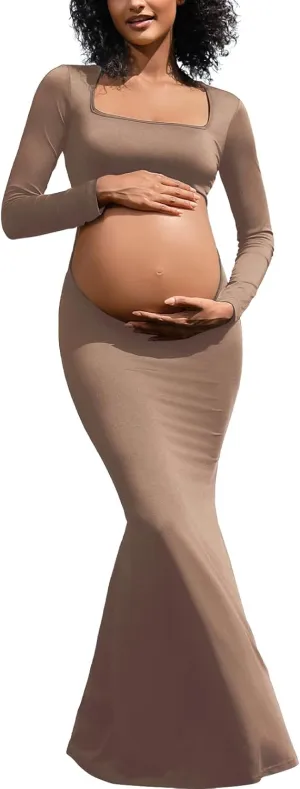 Bhome Maternity Photoshoot Dress Long Sleeve Sexy Cut-Out Backless Maternity Maxi Gown Photography Outfits