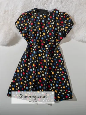 Black Vintage Multi Color Dot Print Short Sleeve Mini Dresses