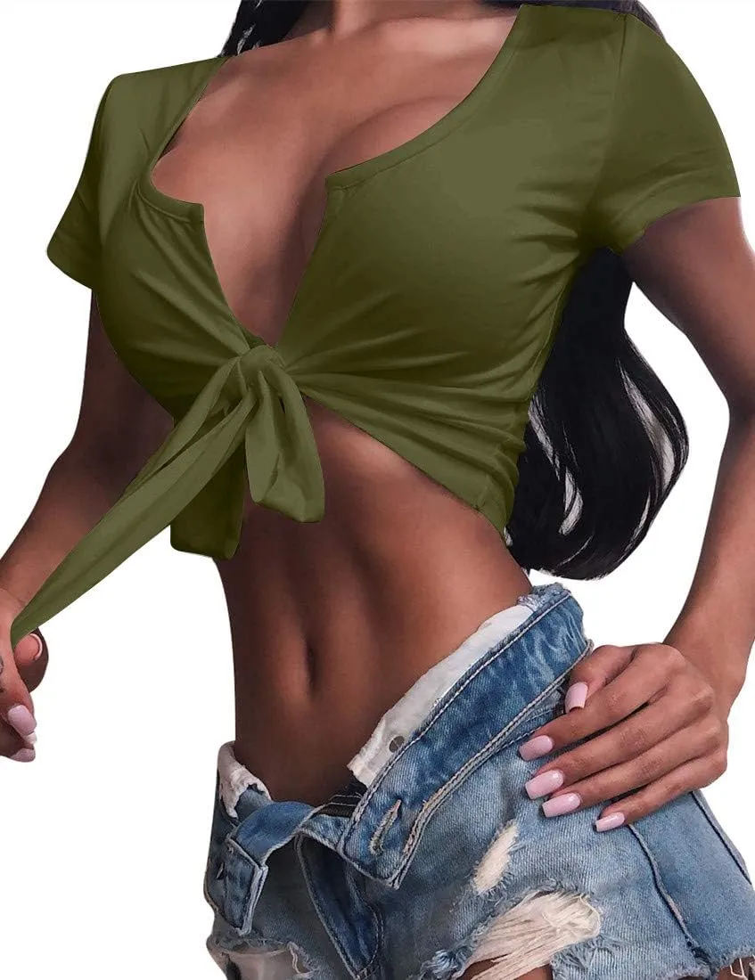 BORIFLORS Women's Sexy Tie Up Crop Top Short Sleeve Deep V Neck Casual Basic T Shirt
