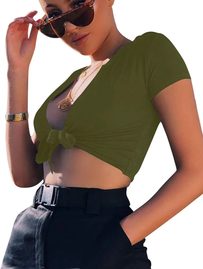 BORIFLORS Women's Sexy Tie Up Crop Top Short Sleeve Deep V Neck Casual Basic T Shirt