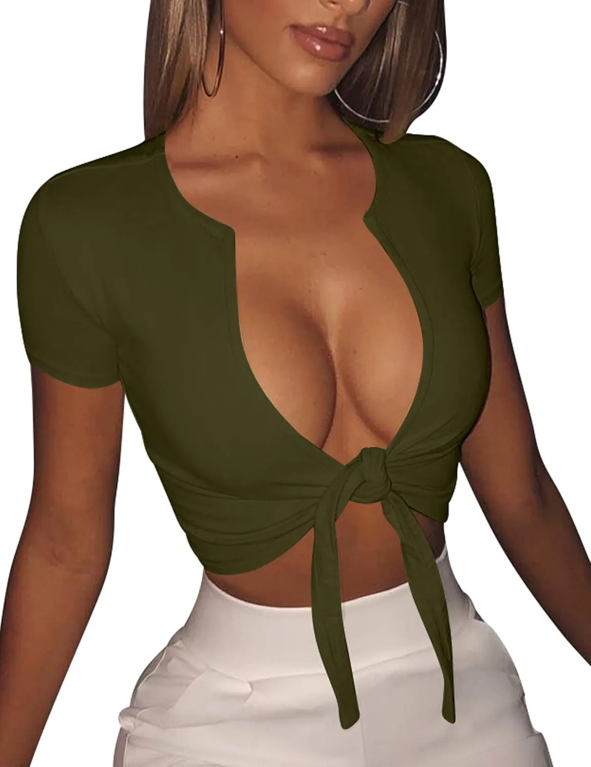 BORIFLORS Women's Sexy Tie Up Crop Top Short Sleeve Deep V Neck Casual Basic T Shirt