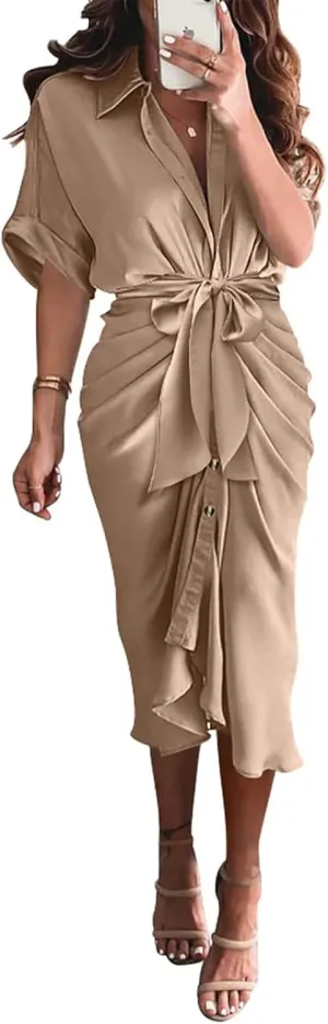 BTFBM 2025 Women Button Down Ruched Shirt Dresses Short Sleeve Lapel V Neck Elegant Party Spring Summer Maxi Satin Dress
