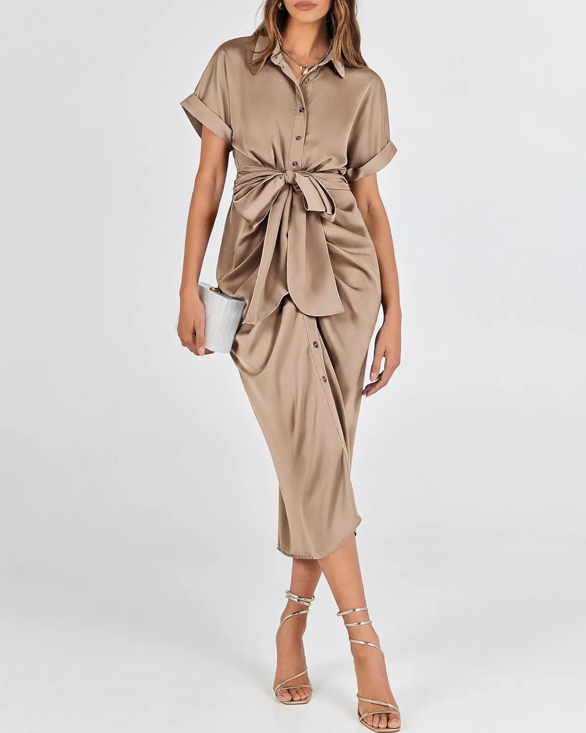 BTFBM 2025 Women Button Down Ruched Shirt Dresses Short Sleeve Lapel V Neck Elegant Party Spring Summer Maxi Satin Dress