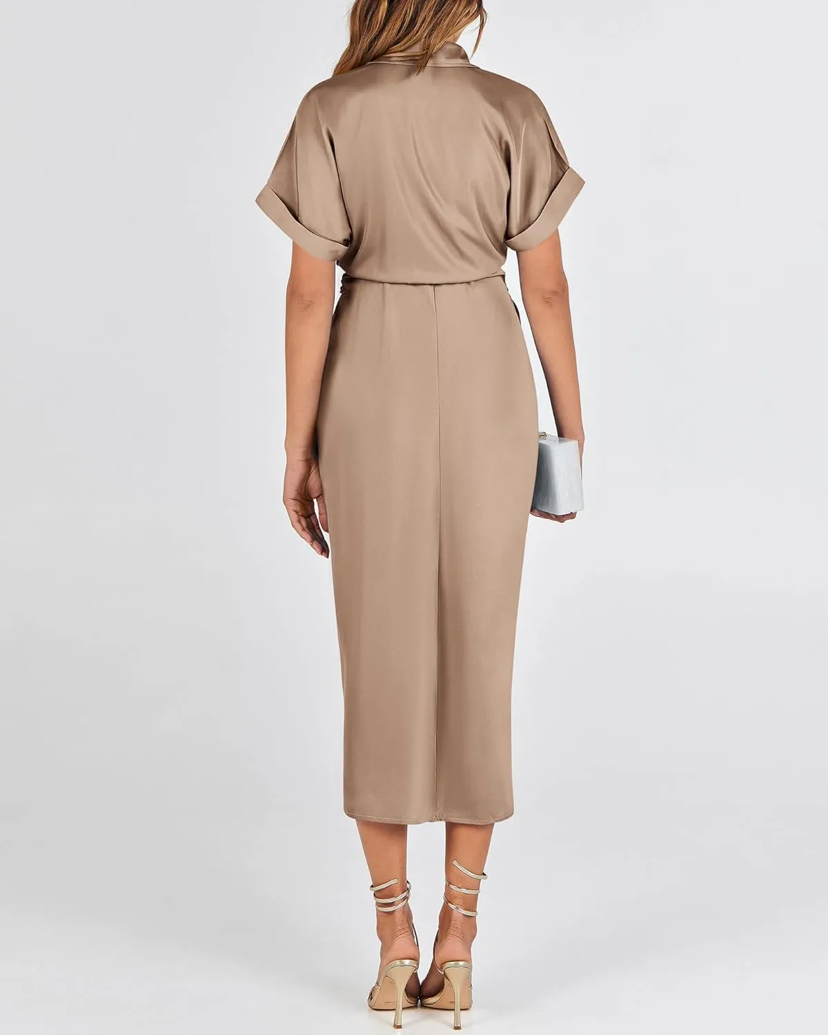BTFBM 2025 Women Button Down Ruched Shirt Dresses Short Sleeve Lapel V Neck Elegant Party Spring Summer Maxi Satin Dress