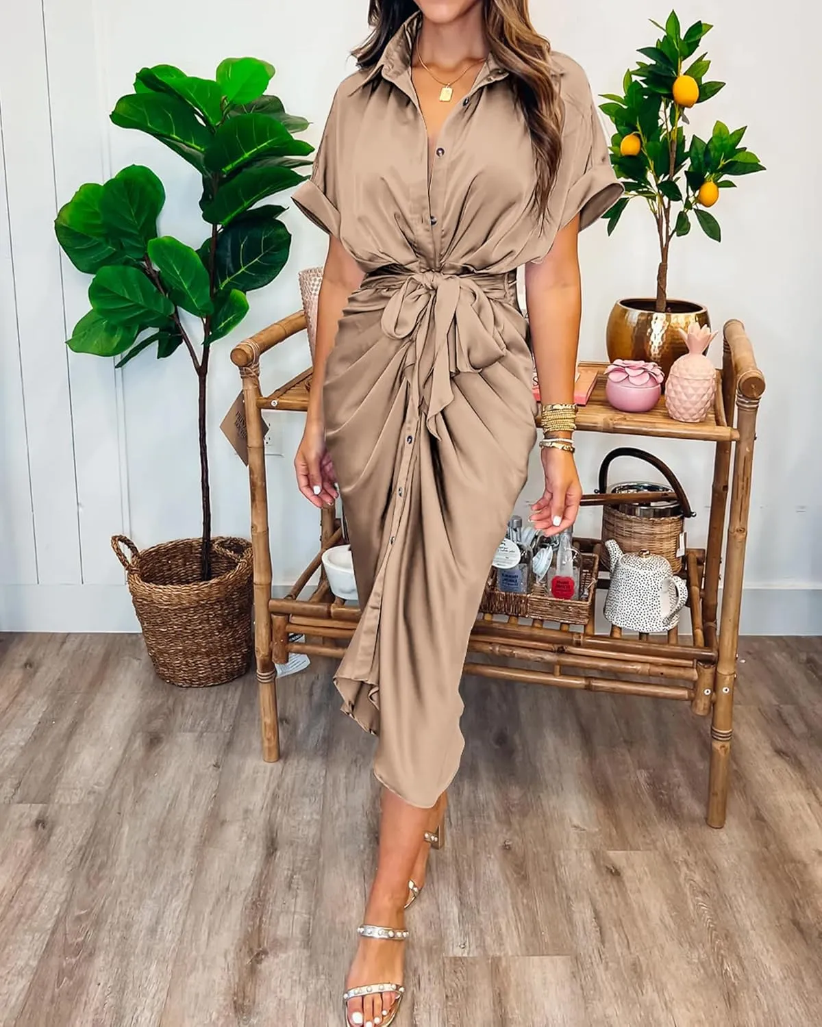 BTFBM 2025 Women Button Down Ruched Shirt Dresses Short Sleeve Lapel V Neck Elegant Party Spring Summer Maxi Satin Dress