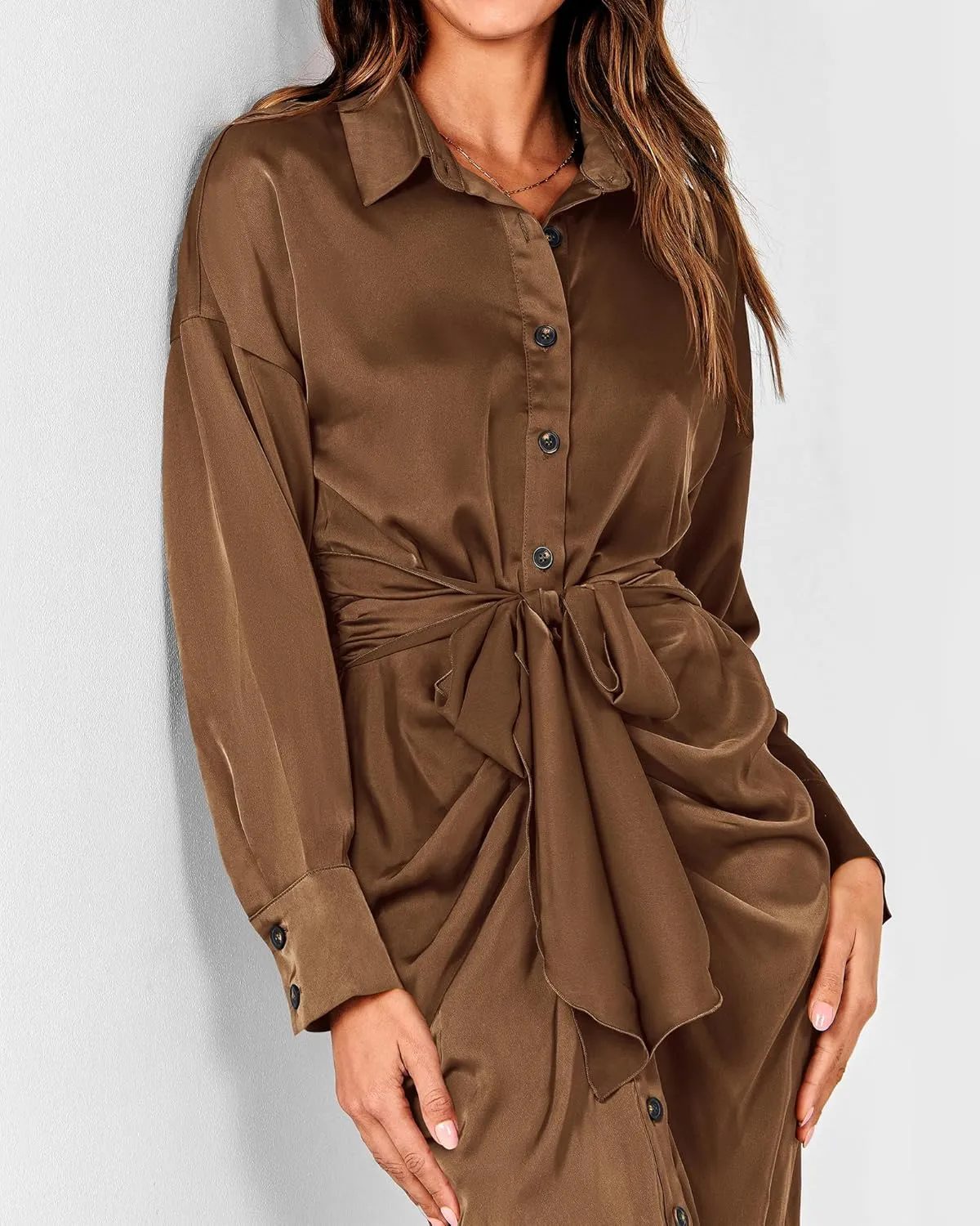 BTFBM Women Long Sleeve Satin Dress 2025 Summer Spring Lapel V Neck Button Down Elegant Belted Ruched Maxi Shirt Dresses
