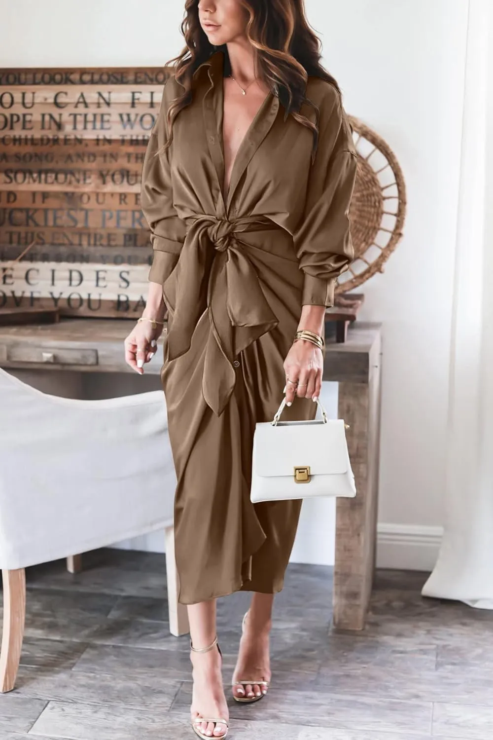 BTFBM Women Long Sleeve Satin Dress 2025 Summer Spring Lapel V Neck Button Down Elegant Belted Ruched Maxi Shirt Dresses