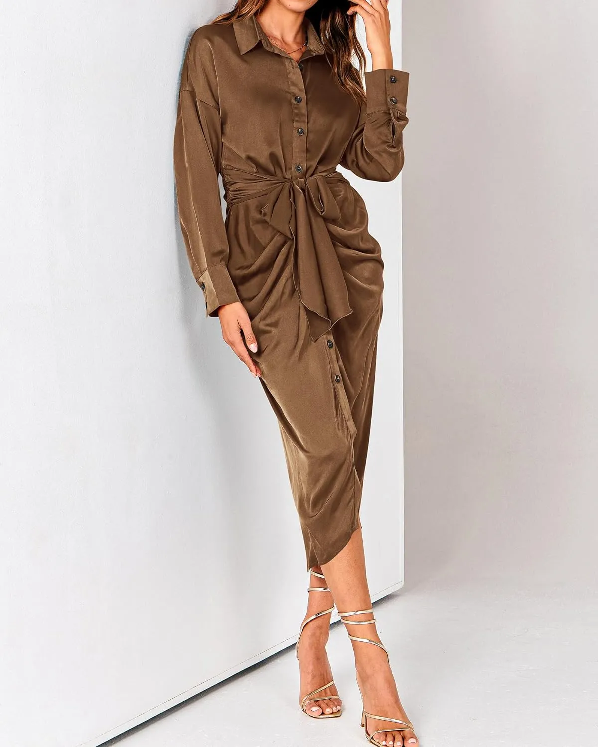 BTFBM Women Long Sleeve Satin Dress 2025 Summer Spring Lapel V Neck Button Down Elegant Belted Ruched Maxi Shirt Dresses