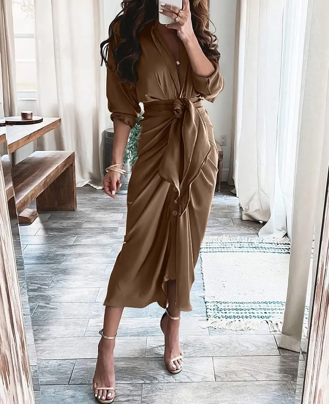 BTFBM Women Long Sleeve Satin Dress 2025 Summer Spring Lapel V Neck Button Down Elegant Belted Ruched Maxi Shirt Dresses
