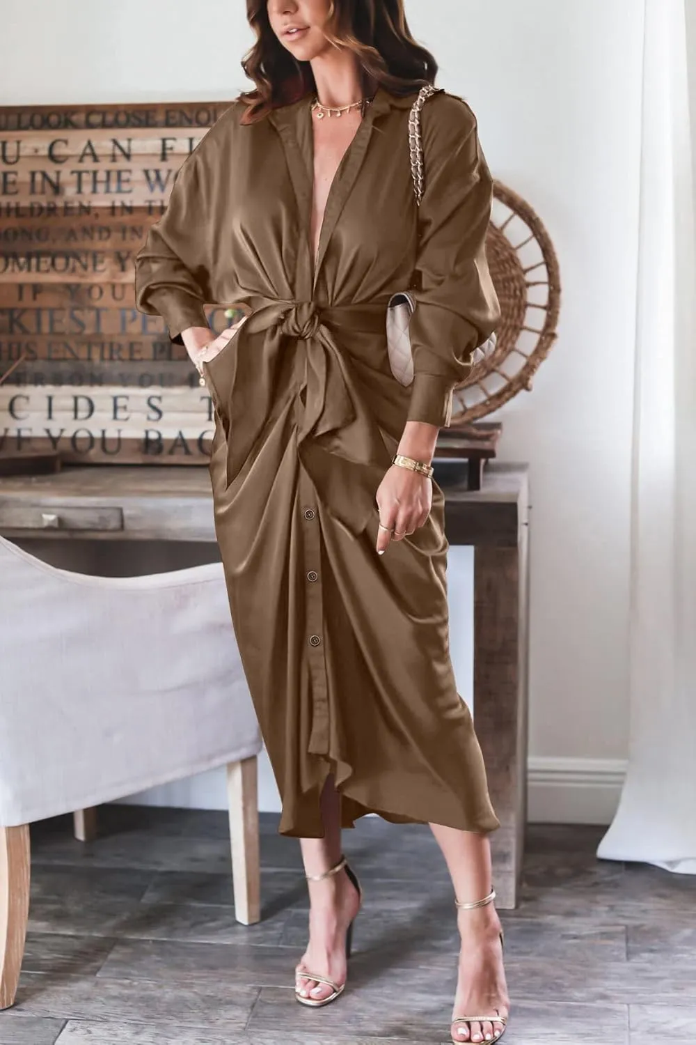 BTFBM Women Long Sleeve Satin Dress 2025 Summer Spring Lapel V Neck Button Down Elegant Belted Ruched Maxi Shirt Dresses