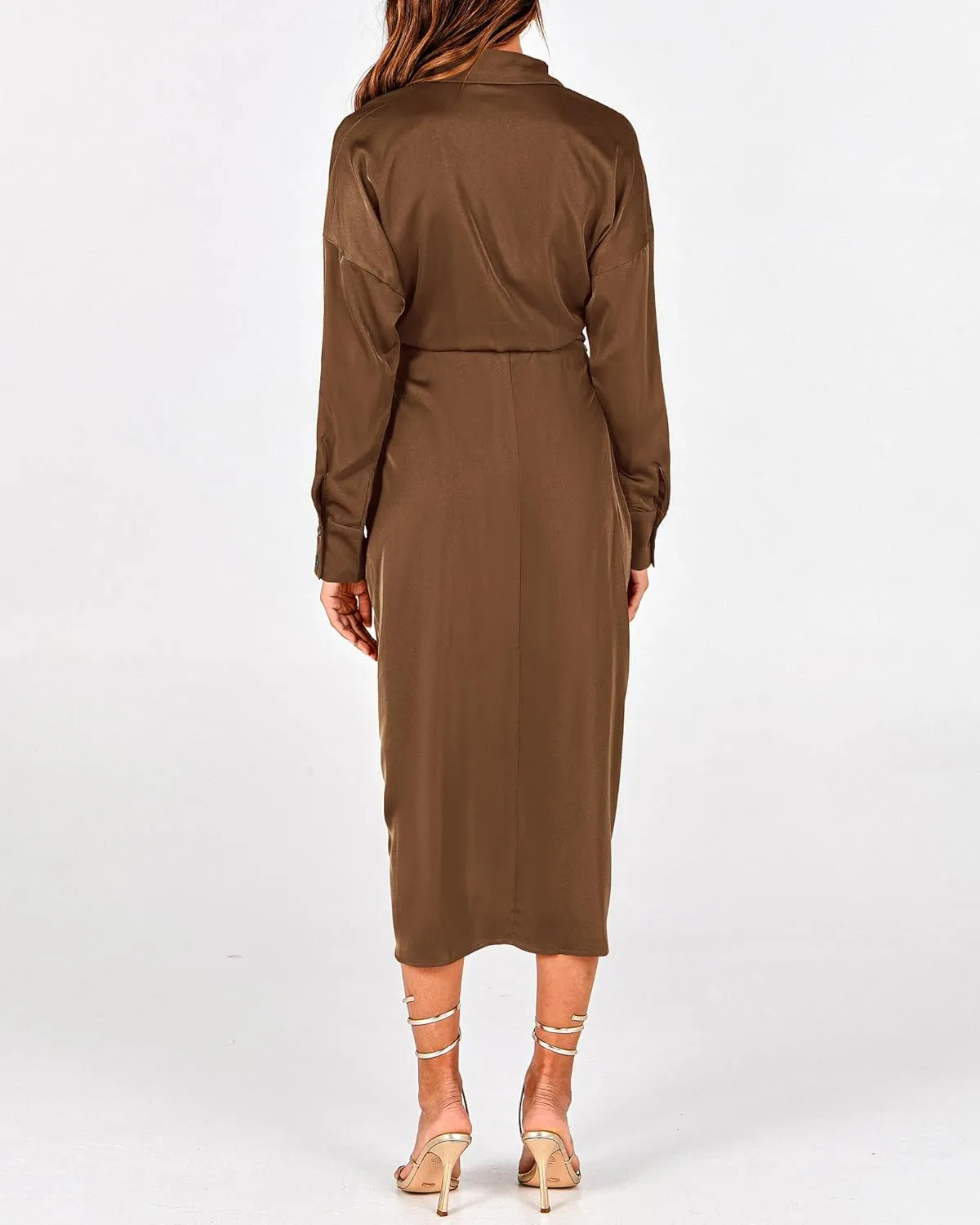 BTFBM Women Long Sleeve Satin Dress 2025 Summer Spring Lapel V Neck Button Down Elegant Belted Ruched Maxi Shirt Dresses