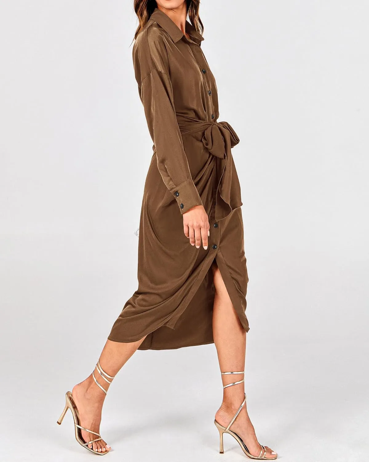 BTFBM Women Long Sleeve Satin Dress 2025 Summer Spring Lapel V Neck Button Down Elegant Belted Ruched Maxi Shirt Dresses