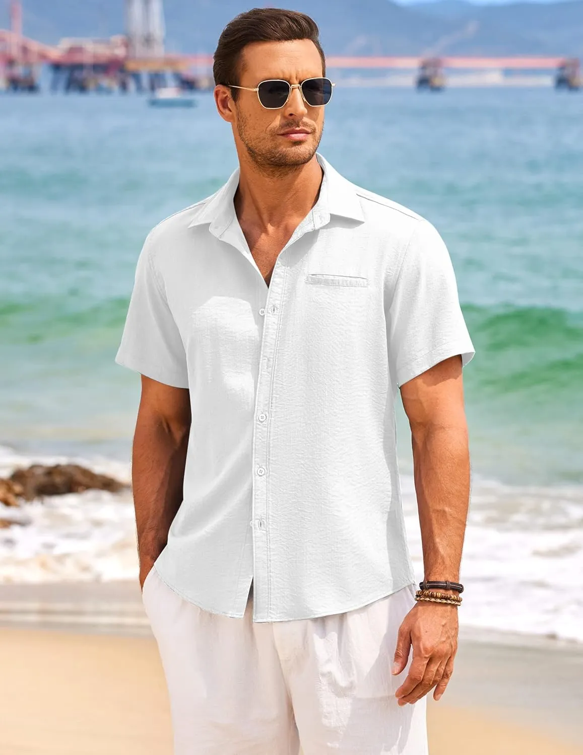 COOFANDY Mens Casual Linen Shirt Short Sleeve Button Down Shirt Summer Beach Hawaiian Shirts