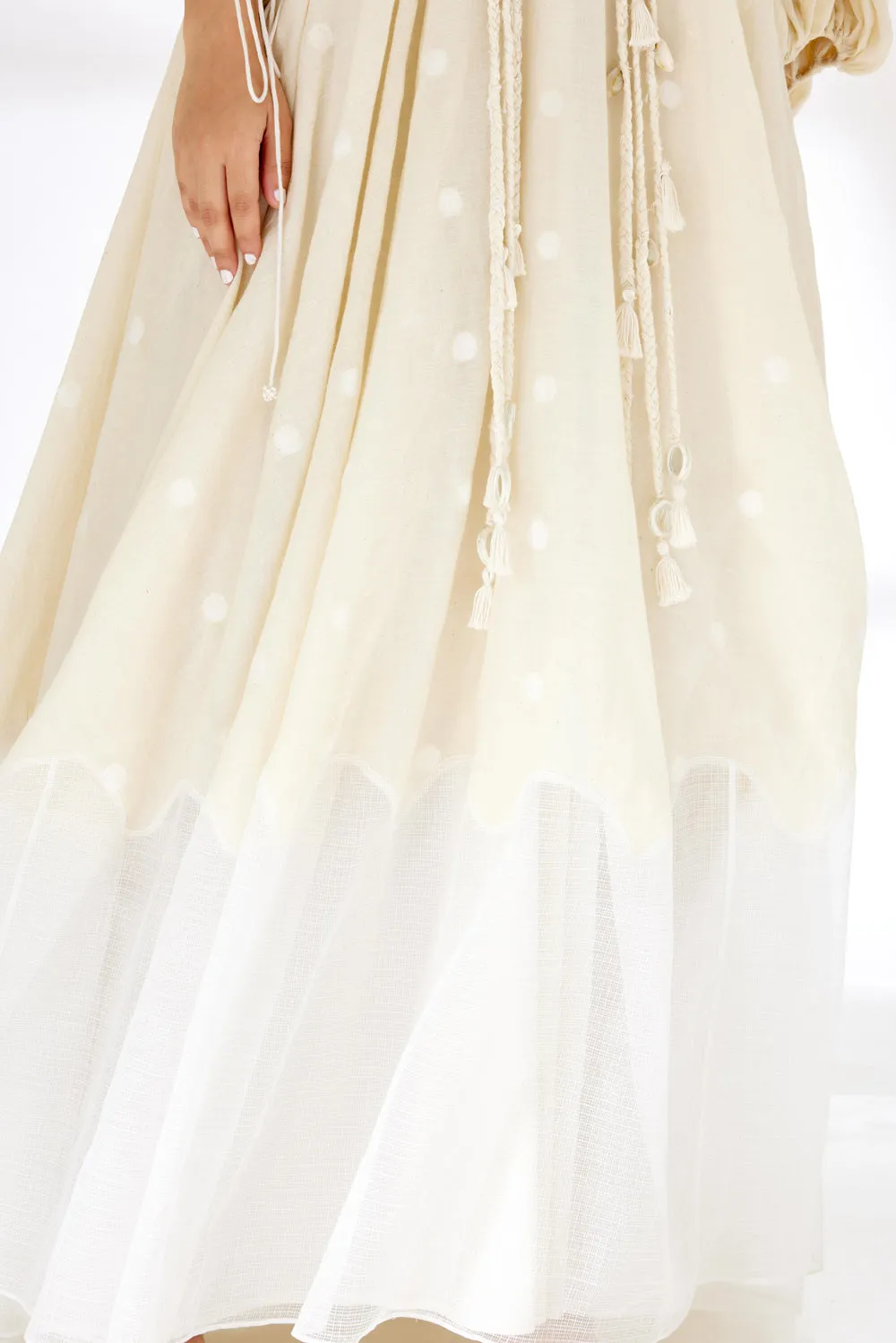 Cream Hand Woven Polka Dot Jamdani Maxi Dress