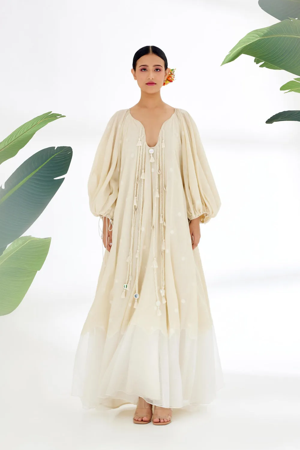 Cream Hand Woven Polka Dot Jamdani Maxi Dress