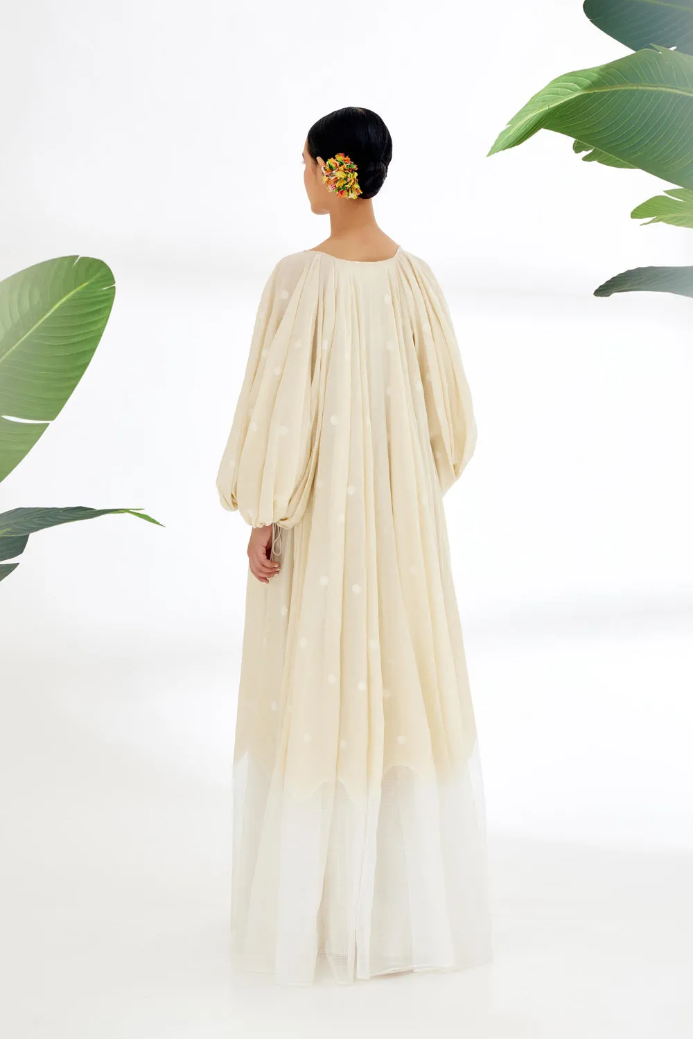 Cream Hand Woven Polka Dot Jamdani Maxi Dress