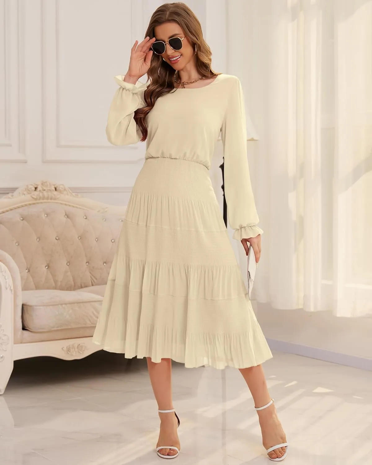 CYiNu Women's Spring Midi Dresses Long Sleeve Crew Neck Flowy Casual Floral Boho Tiered Chiffon Smocked Elegant Dress