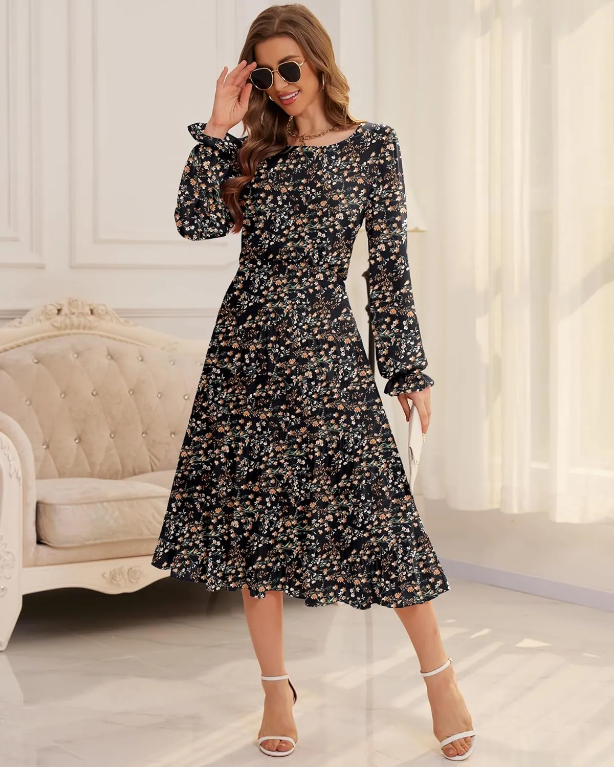 CYiNu Women's Spring Midi Dresses Long Sleeve Crew Neck Flowy Casual Floral Boho Tiered Chiffon Smocked Elegant Dress