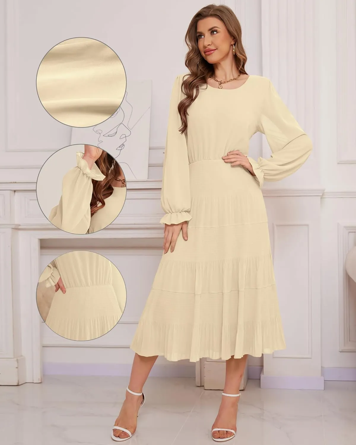 CYiNu Women's Spring Midi Dresses Long Sleeve Crew Neck Flowy Casual Floral Boho Tiered Chiffon Smocked Elegant Dress