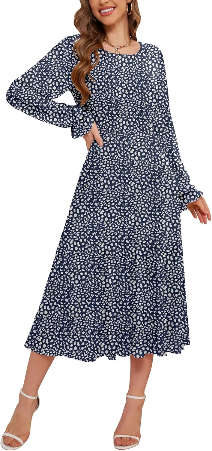 CYiNu Women's Spring Midi Dresses Long Sleeve Crew Neck Flowy Casual Floral Boho Tiered Chiffon Smocked Elegant Dress
