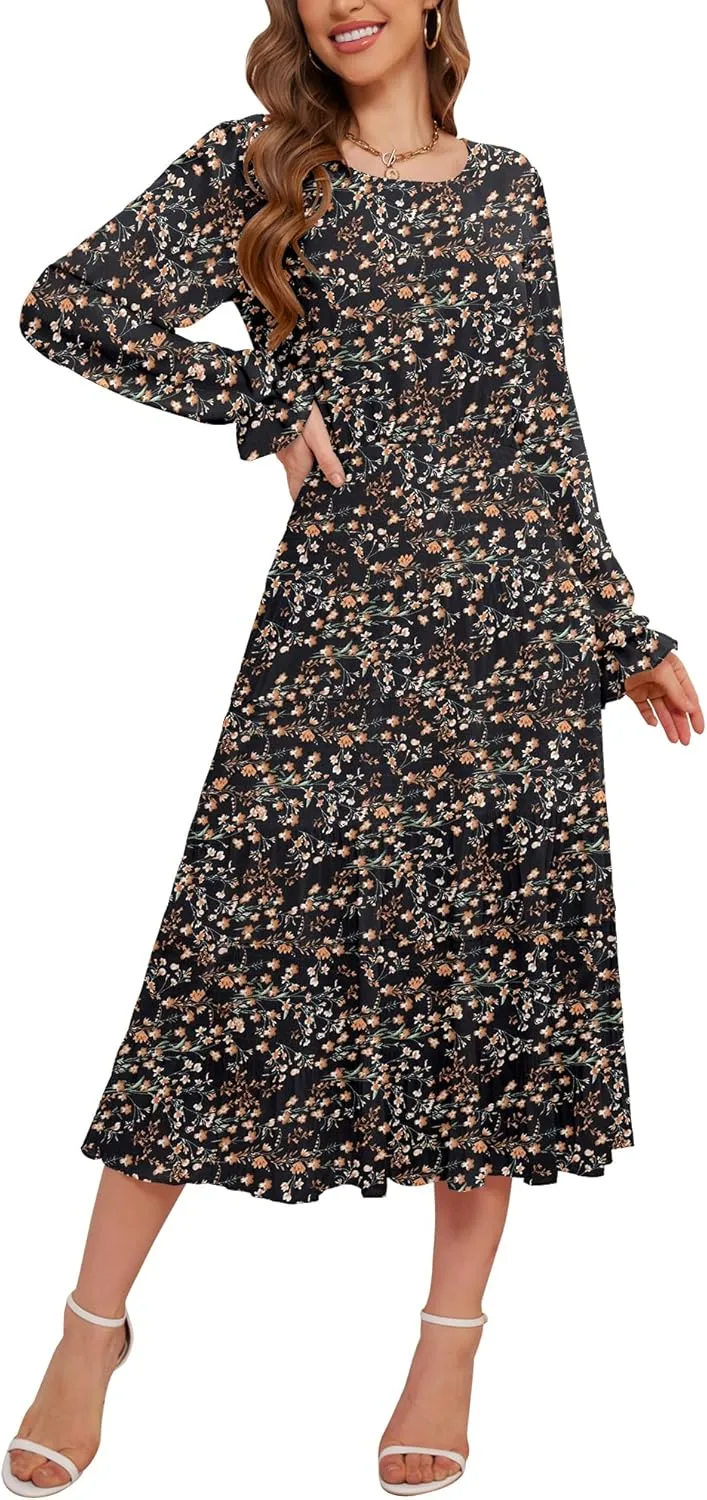 CYiNu Women's Spring Midi Dresses Long Sleeve Crew Neck Flowy Casual Floral Boho Tiered Chiffon Smocked Elegant Dress