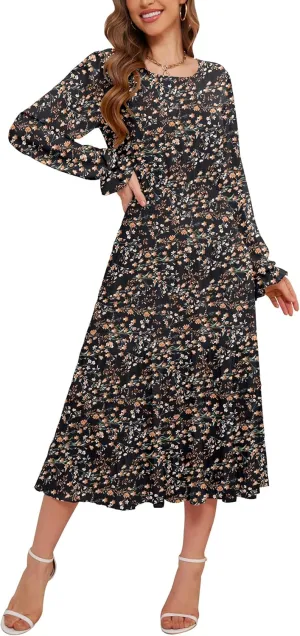 CYiNu Women's Spring Midi Dresses Long Sleeve Crew Neck Flowy Casual Floral Boho Tiered Chiffon Smocked Elegant Dress