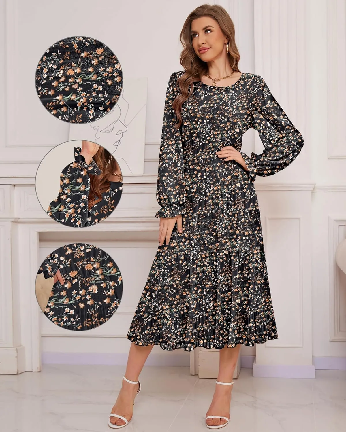 CYiNu Women's Spring Midi Dresses Long Sleeve Crew Neck Flowy Casual Floral Boho Tiered Chiffon Smocked Elegant Dress