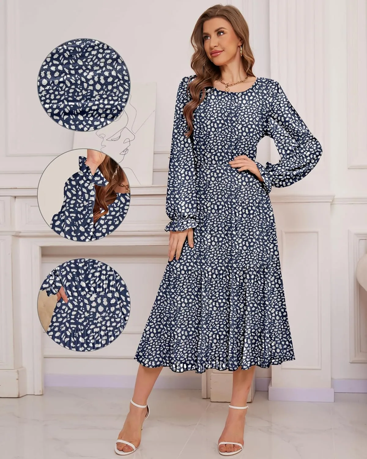 CYiNu Women's Spring Midi Dresses Long Sleeve Crew Neck Flowy Casual Floral Boho Tiered Chiffon Smocked Elegant Dress