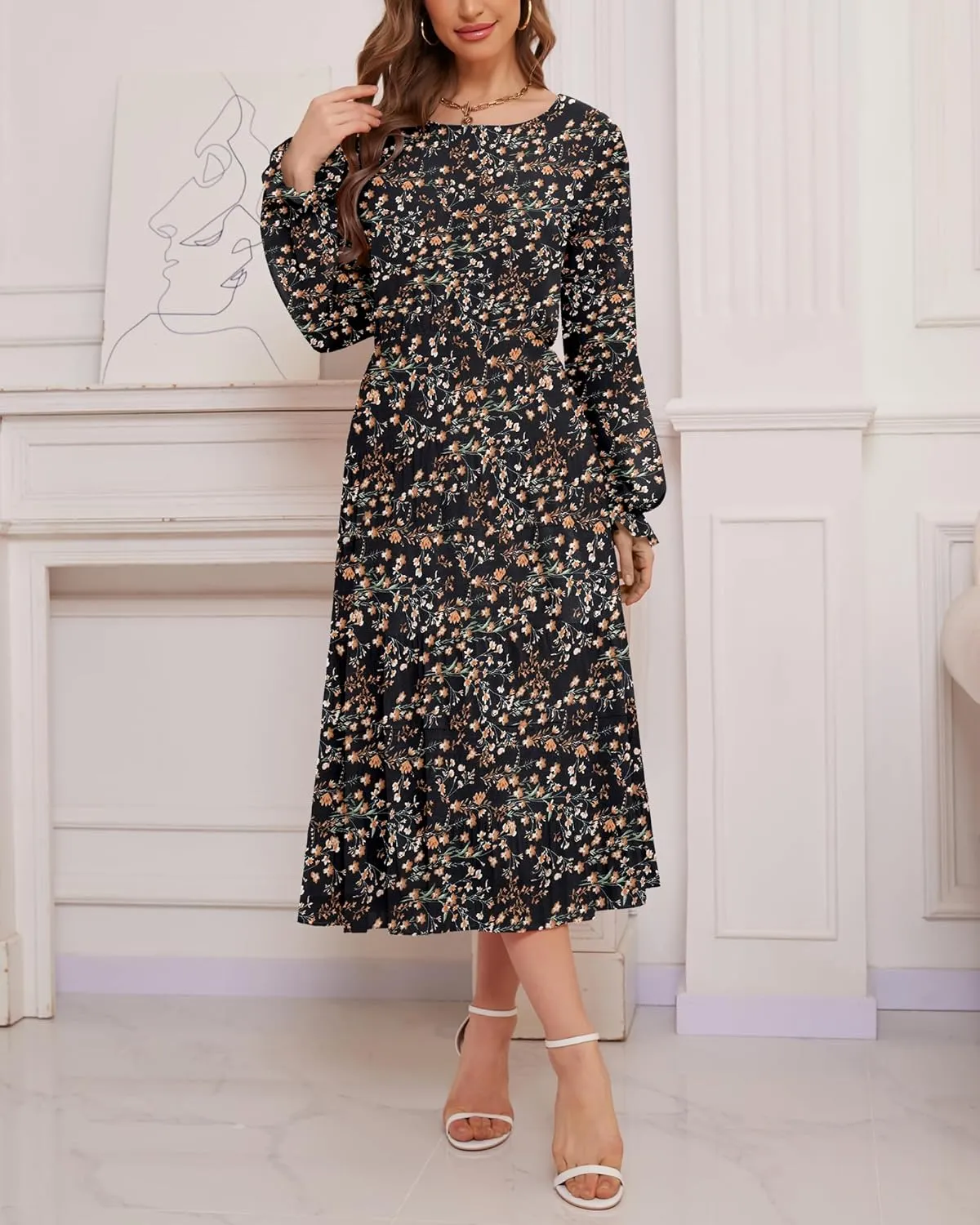 CYiNu Women's Spring Midi Dresses Long Sleeve Crew Neck Flowy Casual Floral Boho Tiered Chiffon Smocked Elegant Dress