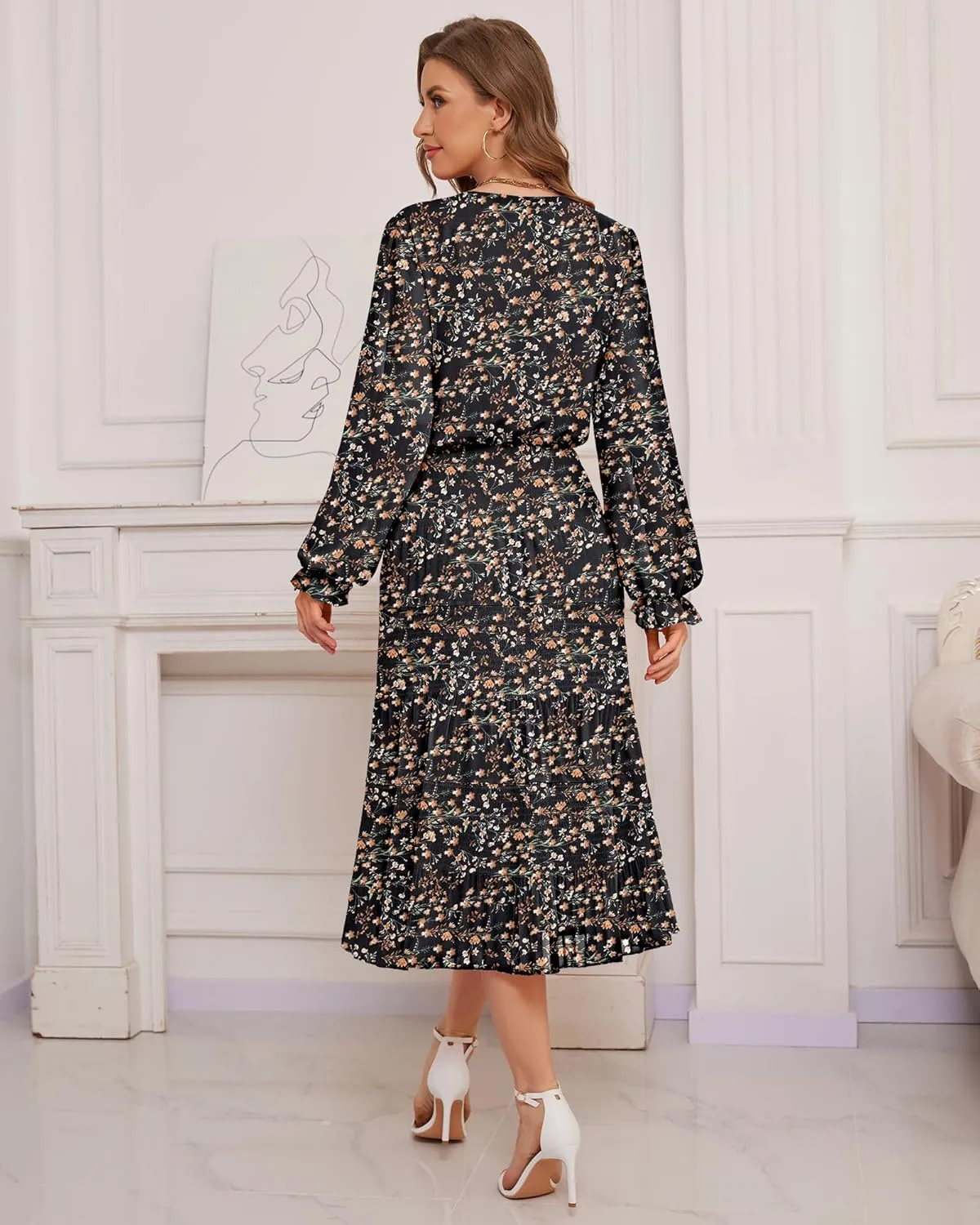 CYiNu Women's Spring Midi Dresses Long Sleeve Crew Neck Flowy Casual Floral Boho Tiered Chiffon Smocked Elegant Dress