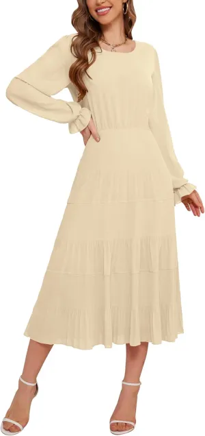 CYiNu Women's Spring Midi Dresses Long Sleeve Crew Neck Flowy Casual Floral Boho Tiered Chiffon Smocked Elegant Dress
