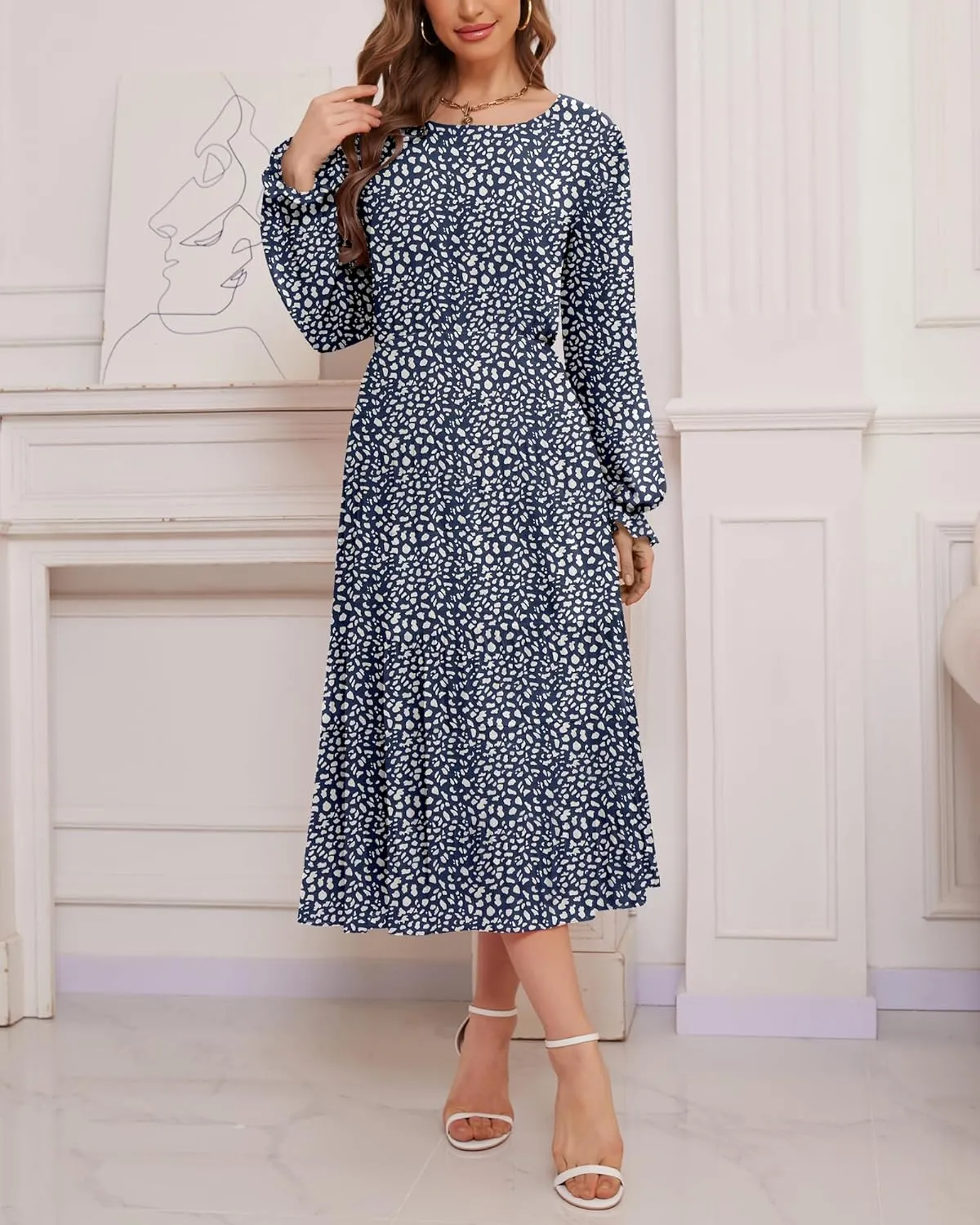 CYiNu Women's Spring Midi Dresses Long Sleeve Crew Neck Flowy Casual Floral Boho Tiered Chiffon Smocked Elegant Dress