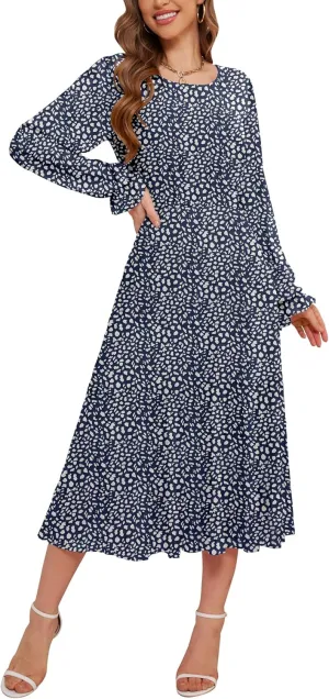 CYiNu Women's Spring Midi Dresses Long Sleeve Crew Neck Flowy Casual Floral Boho Tiered Chiffon Smocked Elegant Dress