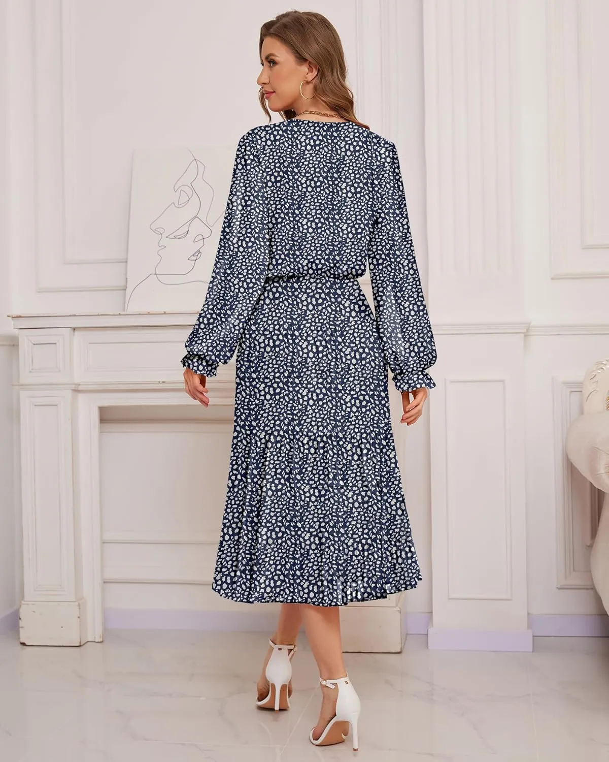 CYiNu Women's Spring Midi Dresses Long Sleeve Crew Neck Flowy Casual Floral Boho Tiered Chiffon Smocked Elegant Dress
