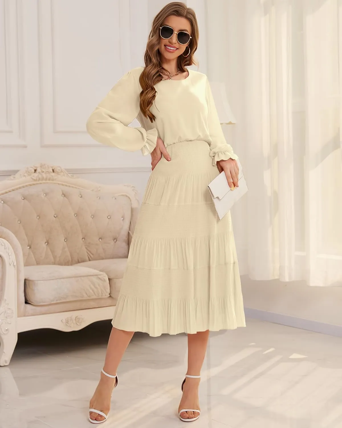 CYiNu Women's Spring Midi Dresses Long Sleeve Crew Neck Flowy Casual Floral Boho Tiered Chiffon Smocked Elegant Dress