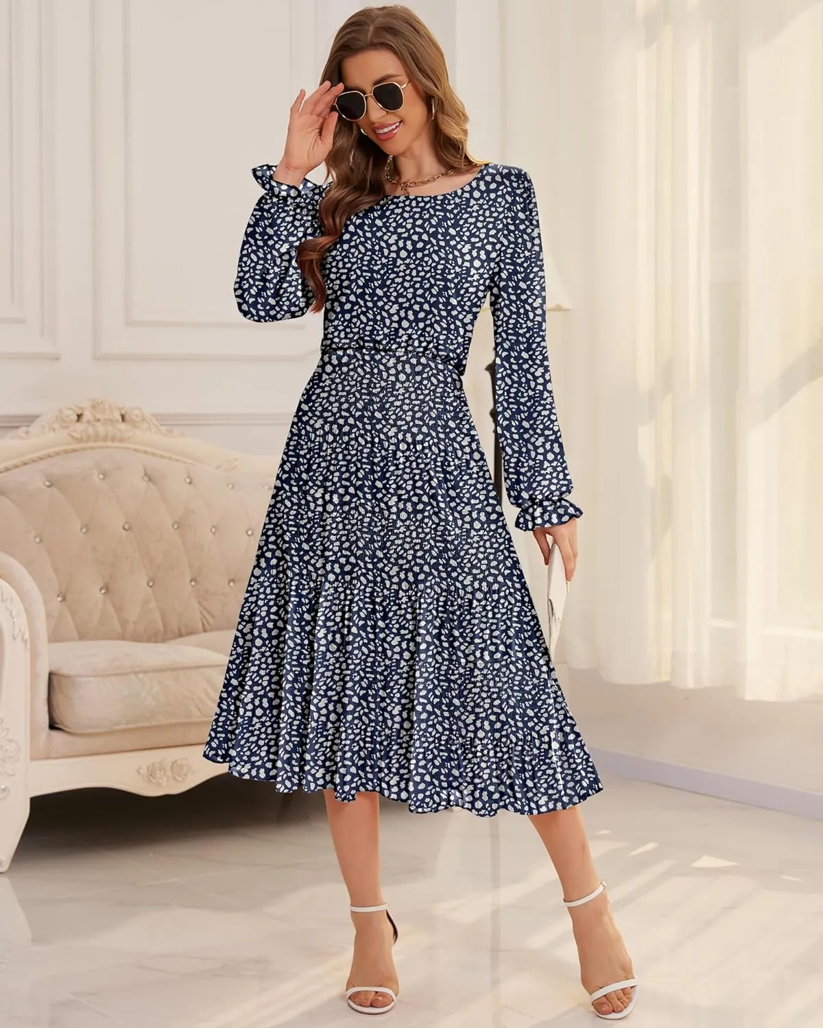 CYiNu Women's Spring Midi Dresses Long Sleeve Crew Neck Flowy Casual Floral Boho Tiered Chiffon Smocked Elegant Dress