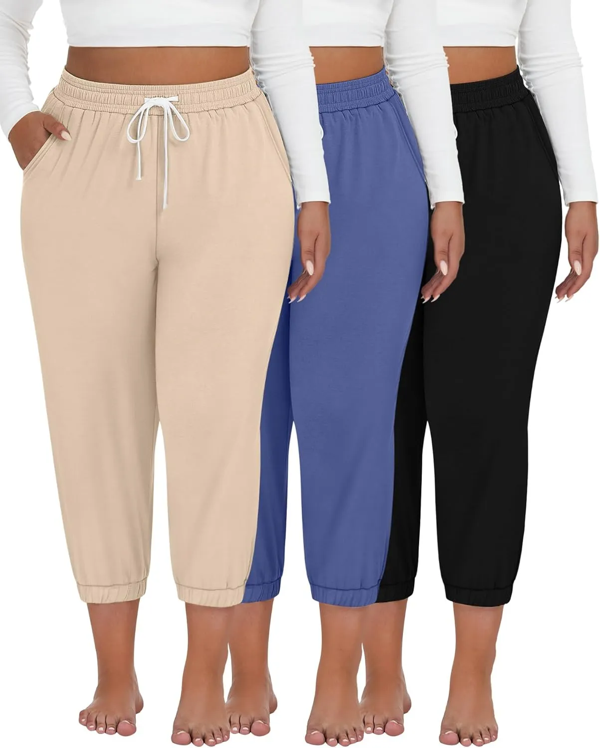 Ficerd 3 Pack Women's Plus Size Capri Sweatpants Cotton Drawstring Joggers Cropped Athletic Lounge Pants with Pockets
